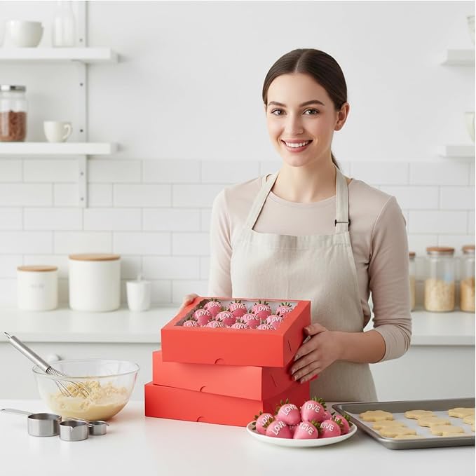 Pie Boxes Red Bakery Boxes with Window (6pcs, 9x9x2.5 Inch) for Christmas: Ideal for Pie, Cookies, Chocolate Covered Strawberries, Breakable Heart & Charcuterie