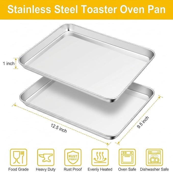 TeamFar Toaster Oven Pan Set of 2, Stainless Steel Toaster Oven Baking Tray Ovenware, 12.5’’x 9.5’’x1’’, Non Toxic & Healthy, Rust Free & Mirror Finish, Easy Clean & Dishwasher Safe