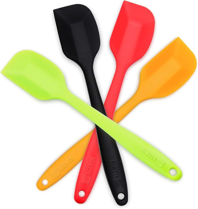 4‑Piece Silicone Spatulas Set Heat Resistant 600°F Seamless Steel‑Core Rubber Spatulas for Nonstick Cookware ALLWIN HOUSEWARE Uniform Length Kitchen Spatulas for Cooking & Baking, Multicolored
