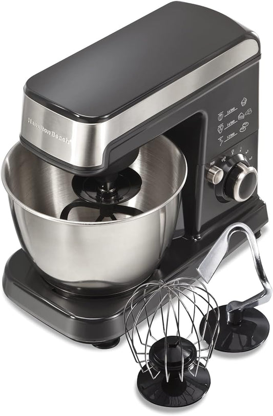 Hamilton Beach 6 Speed Electric Stand Mixer with Stainless Steel 3.5 Quart Bowl, Planetary Mixing, Tilt-Up Head, 300W Motor, Black (63326)