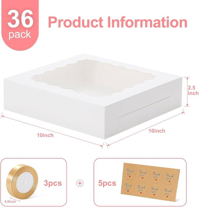 36 Pack Pie Boxes with Ribbon and Sticks, 10x10x2.5 Inches Cookie Boxes with Window for Cake, Treats, Pastries, Chocolate Covered Strawberries