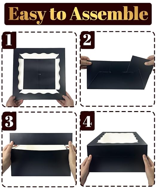 qiqee 12x12x6 Cake Box, 18 Sets Black Cake Box with Window ＆ 18 Sets 12" Cake Round Boards, 12inch Cake Containers, 10 Meters Silk Ribbon