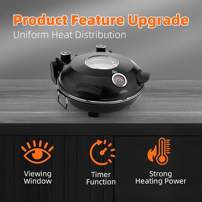 Electric-Pizza-Oven-Indoor, 12 Inches Countertop Cooker,800℉ Electric Pizza Maker with Timer, Ceramic Stone, Viewing Window, Complete Accessory Kit, Black