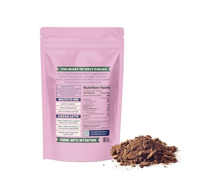 Holy Cacao Ecuadorian Bliss Organic Ceremonial Grade Cacao Powder – 100% Pure Single Origin Heirloom Ecuadorian Cacao, Antioxidant Rich Superfood Drink Mix, Vegan, Gluten Free, Non GMO, Unsweetened Cocoa Powder, 10 oz