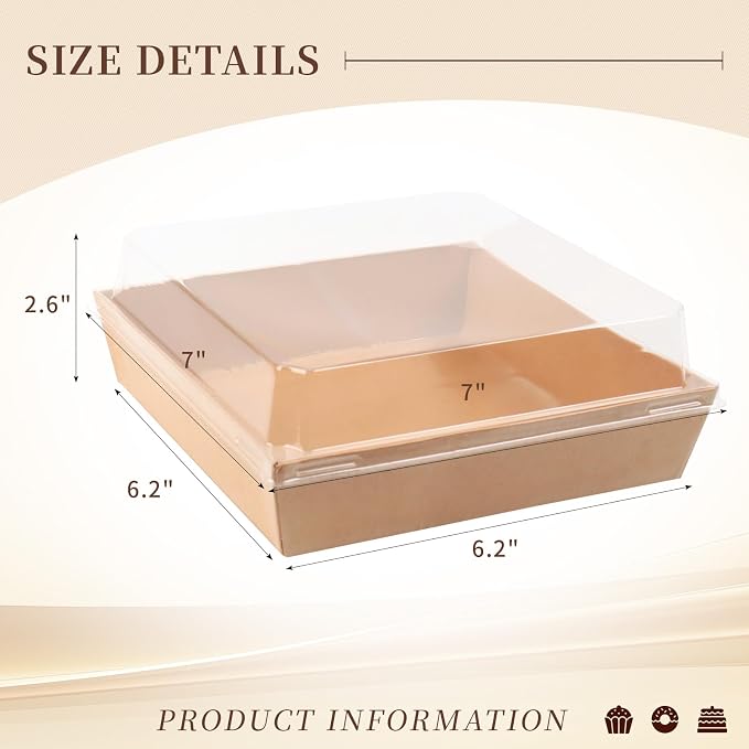 7 x 7 x 2.6 Inches Large Charcuterie Boxes with Clear Lids, 50 Pack Disposable Square Brown Bakery Boxes, To Go Paper Food Container for Cake Slices, Sandwiches, Cookies, Dessert