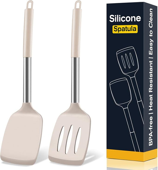2 Pack Silicone Spatula Set, Solid & Slotted Turner for Non-Stick Pans, High Heat Resistant Silicone Spatula for Cooking, BPA-Free Stainless Steel Cooking Utensils for Fish, Eggs, Pancakes, Khaki