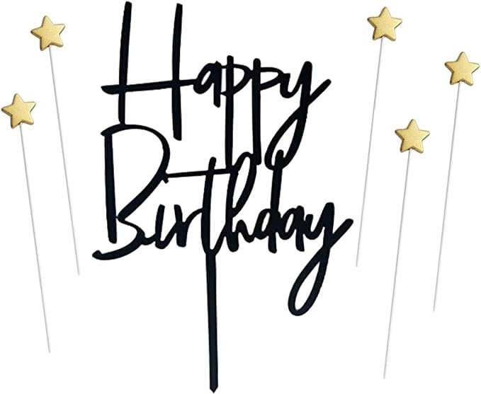 ZHENGYE Set of 1 Black Acrylic Happy Birthday Cake Topper And 5 Pieces Gold Flat Star-Shaped Cupcake Topper Cake Decoration Supplies for Baby Shower Birthday Decorations(Black 18)