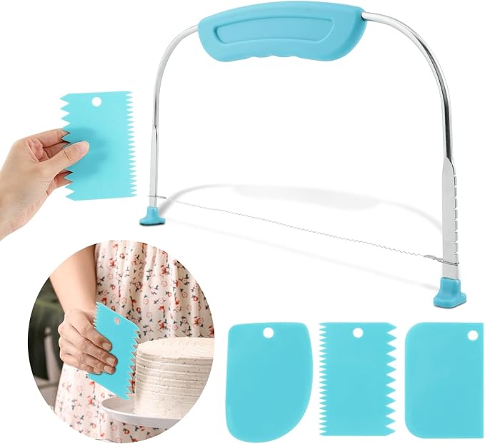 Adjustable Cake Leveler Cutter With 3PCS Cake Scrapers Set,Baking Supplies Tool for Kitchen,Large Size Cake-Cutter Slicer for Leveling,Single Stainless Steel Wire & Plastic Handle(COLOR:Blue)