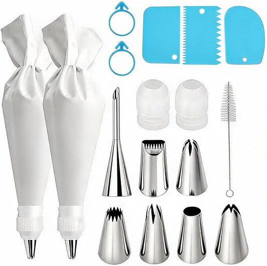 KINGYEENUO Piping Bags and Tips Set, Reusable Cake Decorating Supplies | 16 Inch Cotton Pastry Bags with Stainless Steel Icing Nozzles, Leak-Proof Cake Kit for Cupcakes, Cookies, (Dishwasher Safe)