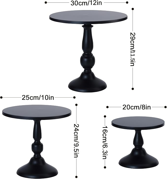 Set of 3 Black Cake Stands, QENUIITEA Metal Round Cake Holder Dessert Pie Pizza Display Stand 8" 10" 12" Serving Tray Halloween Decoration for Wedding Celebration Party Birthday Baby Shower