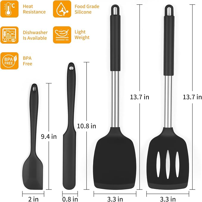 Spatulas Silicone Heat Resistant Set of 4- 200°F BPA-Free Baking Spatula, Mixing Utensils Set with Perfect Handle, Silicone Spatula for Cookware