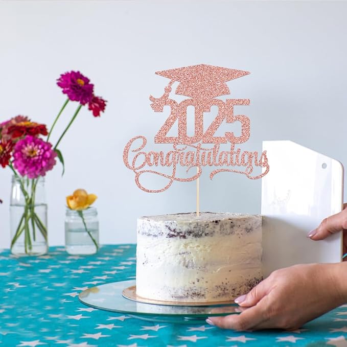 Glitter 2025 Congratulations Graduation Cake Topper,Congrats Grad Cake Decor - 2025 High School/College/Senior Graduation Party Decorations Supplies (2025Congratulations Rose gold)