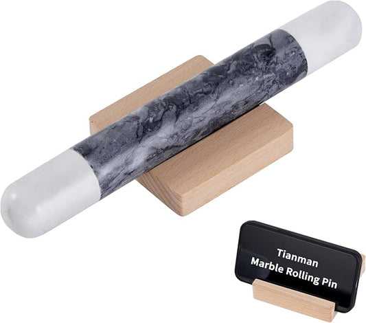 Tianman French Marble Rolling Pin.12 Inchs Marble Rolling Pin for Baking With Wooden Base Holder Stand-Non-Stick Baking Roller for Baking Fondant, Pizza,Cookies,Crust,Pasta(White-Black-White)