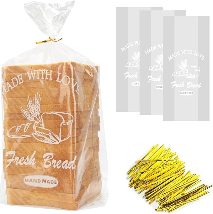 Bread Loaf Packing Bags with Ties, Large Bakery Bread Plastic Bags, 8' x 4' x 18', 100 Pack, Reusable Adjustable