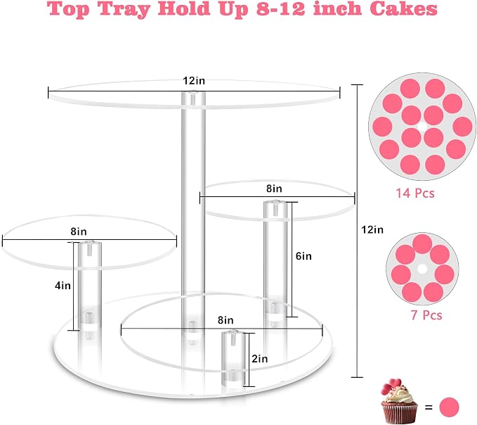 Cupcake Stand, 4 Tier Acrylic Cake Stand, Round Cake and Cupcake Stand Combo, Clear Tiered Cupcake Tower Stands for 50 Cupcakes, Cake Display Tree Stand for Wedding Birthday Party