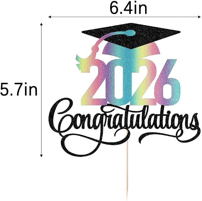 Glitter 2026 Congratulations Graduation Cake Topper,Congrats Grad Cake Decor - 2026 High School/College/Senior Graduation Party Decorations Supplies（Black and color）