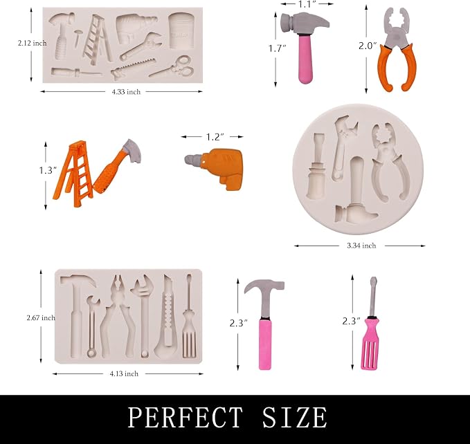 Hand Tools Chocolate Molds, Silicone Construction Wrench Fondant Mould, 3 Packs Hammer Screwdriver Candy for Car Cake Decoration for Father's Day