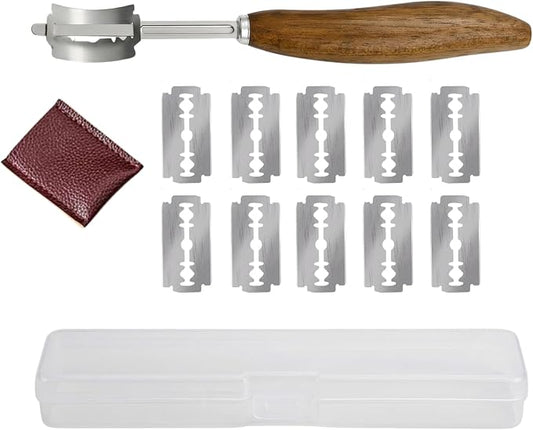 Rosewood Bread Lame for Sourdough Scoring, Ergonomic Curved Wood Handle Bread Slashing Tool with 304 Stainless Steel Stick, Includes Storage Box and 10 Replaceable Blades for Professional Bakers