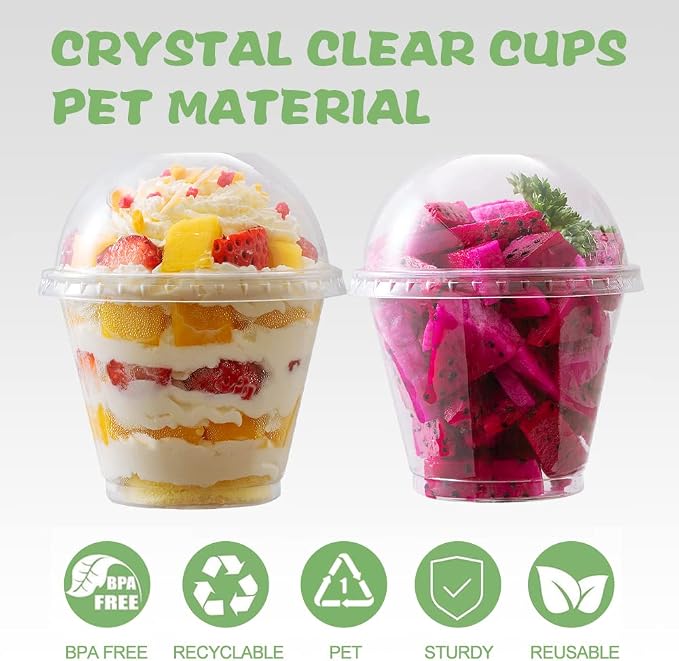 9 oz Clear Plastic Cups with Dome Lids - Dessert Cups with Lids(25 Sets), PET Disposable Party Cups (NO HOLE), Parfait Crystal for Pudding/Ice Cream/Cupcake