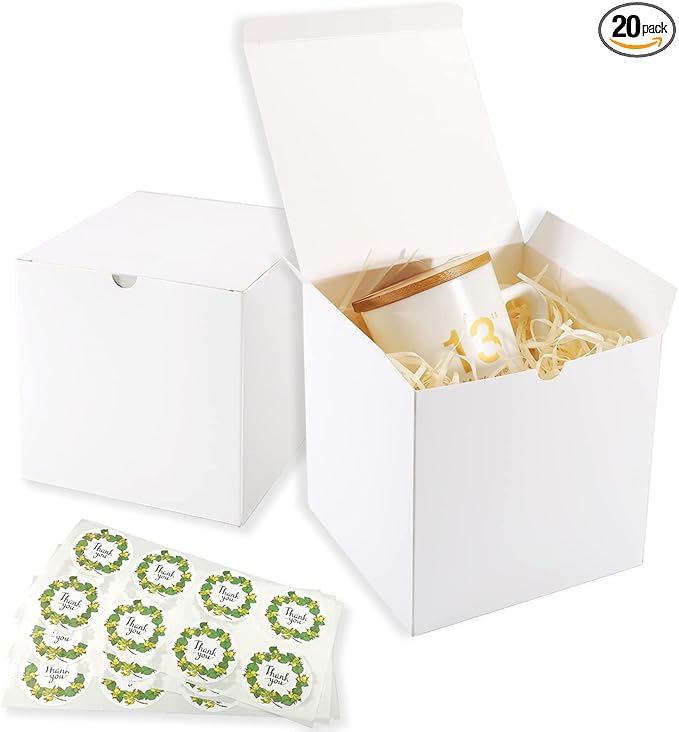 5x5x5 White Gift Boxes 20 Pack, Small Square Foldable Present Boxes with Lids for Birthday, Wedding, Christmas, Mug, Bridesmaid Gifts, Easy to Assemble, Includes 24 Thank You Stickers