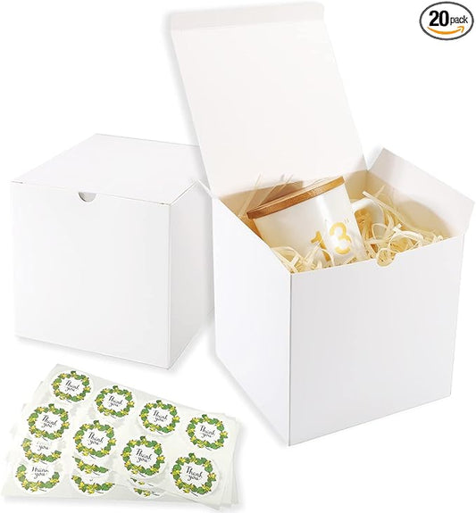 5x5x5 White Gift Boxes 20 Pack, Small Square Foldable Present Boxes with Lids for Birthday, Wedding, Christmas, Mug, Bridesmaid Gifts, Easy to Assemble, Includes 24 Thank You Stickers