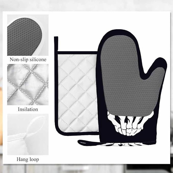 Mxocom FK Graphic Oven Mitt and Pot Holder with Silicone Finger Bones Design Heat Resistant Kitchen for Cooking BBQ Baking Grilling Spring/Summer