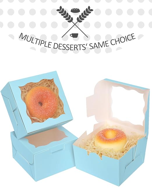 qiqee Light Blue Bakery Box with Window 4x4x2.5 inch 30Packs Macaron Boxes Small Donut Pastry Boxes for Party Mini Cookie Boxes
