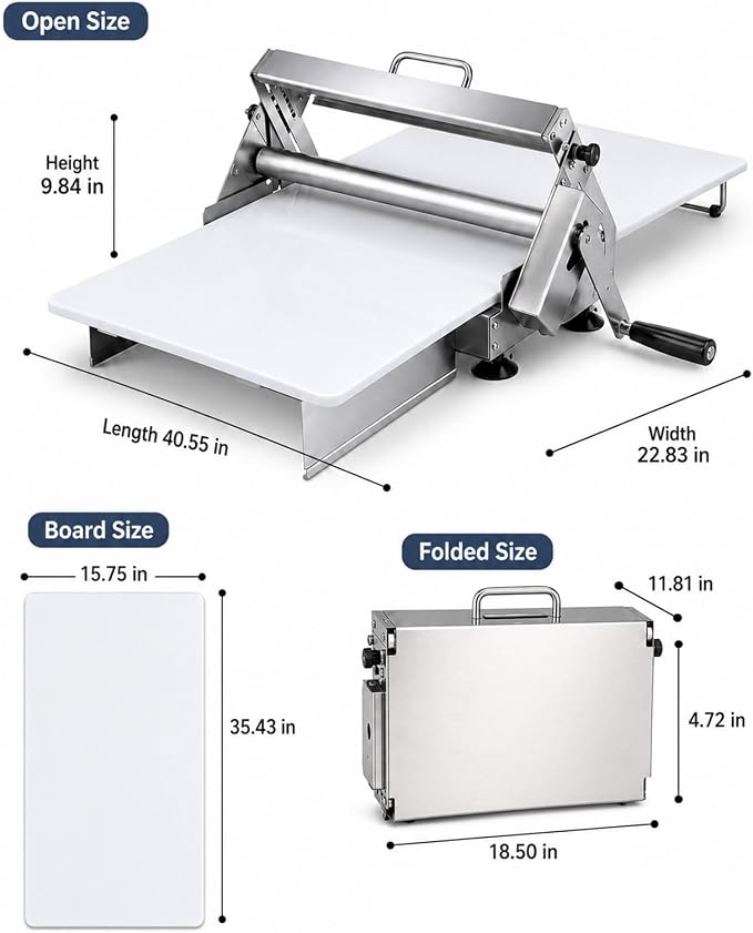 15.75 inch Foldable Manual Dough Sheeter Machine, Adjustable Thickness Stainless Steel Dough Roller 0-25mm, Countertop Pastry Laminator for Croissant, Puff Pastry, Pizza, Pasta & Fondant