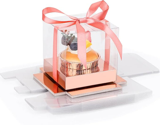 EUSOAR Individual Cupcake Containers, 12pcs 3.5 Inch Plastic Cake Containers with Lids, Single Transparent Display Cupcake Carrier with Ribbon and Inserts for Wedding Party Favor-Rose Gold