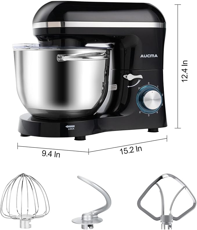 Aucma Stand Mixer,6.5-QT 660W 6-Speed Tilt-Head Food Mixer, Kitchen Electric Mixer with Dough Hook, Wire Whip & Beater (Black, 6.5QT)