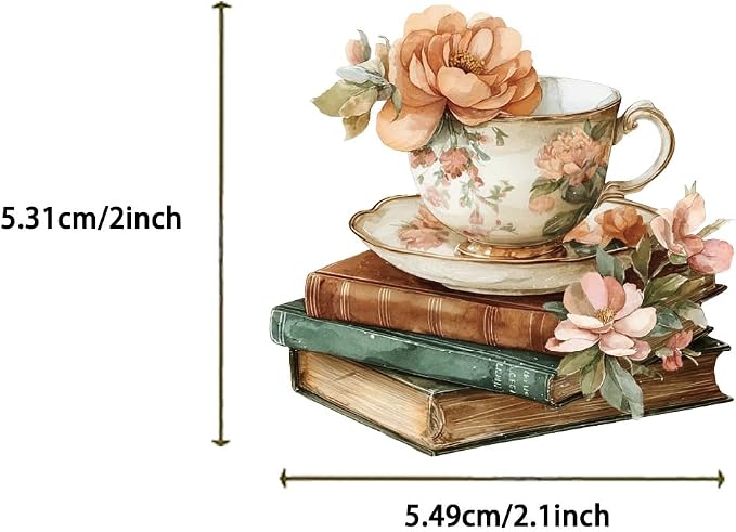 Vintage Coffee Books Flowers Sticker Pack, 50PCS Aesthetic Waterproof Transparent PET Stickers for Water Bottle Scrapbook Journal Laptop Cup, Retro Cafe Decals for Teens Adults (Coffee Book)