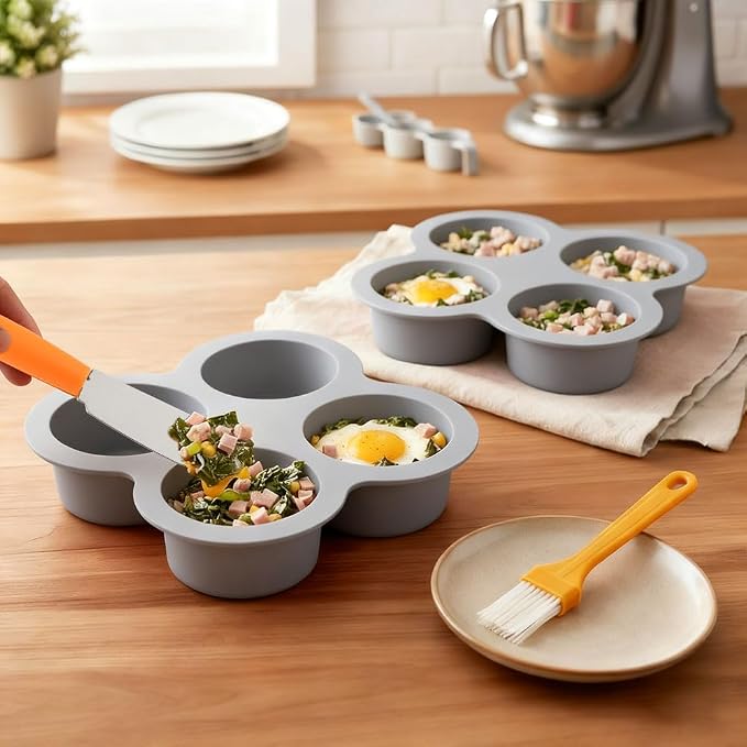 2 Pack Air Fryer Egg Bite Molds, 4 Cups Round Muffin Pans, Silicone Egg Bite Molds with Spreader＆Oil Brush Nonstick Air Fryer Baking Pan for Cupcake, Muffin, Tart, Frittata, Quiche