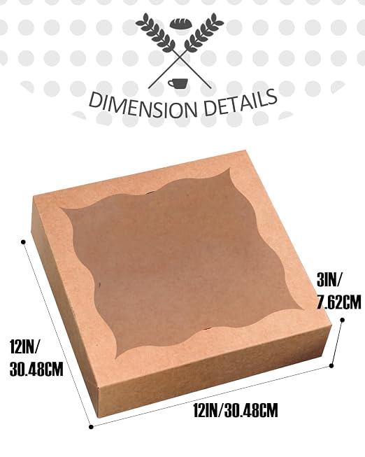 qiqee Auto-pop Up Brown Pie Boxes with Window 12"x 12"x 3" 120Packs Cookie Donut Bakery Box