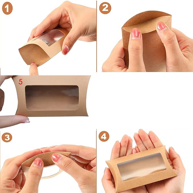 Wzttdm 40pcs White Paper Mini Pillow Packaging Box with Clear Window, Box Treat Gift Packaging Box for Bakery Candy Chocolate Jewelry Display Wedding Party Favor (kraft, 5 x 3 x 0.8 inches)
