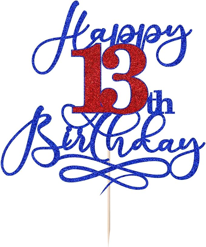 Happy 13th Birthday Cake Topper,Deep blue font red Numbers 13th Birthday Cake Decoration,Hello 13, Cheers to 13 Years/13th Anniversary,13& Fabulous Party Decoration