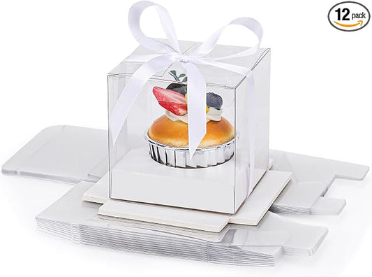 EUSOAR Plastic Individual Tall Cupcake Box, 12pcs 3.5 Inch White Clear Cupcake Wrappers, Single Transparent Cupcake Holder Carrier with Ribbon and Inserts for Wedding Anniversary Birthday Tea Party