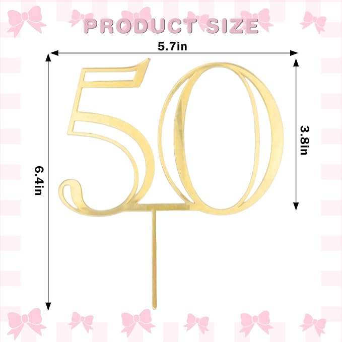Gold Acrylic Number 50 Cake Topper - 50th Anniversary Cake Decor for Men & Women's Parties