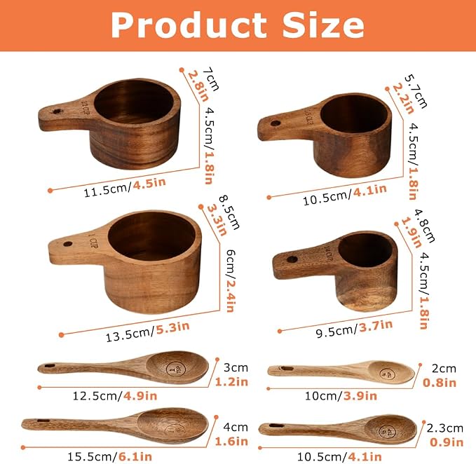 8-Piece Wooden Measuring Cups and Spoons Set, Laser-Engraved, Nesting Design, Measuring Spoons for Dry Ingredients, Kitchen Gadgets for Cooking and Baking