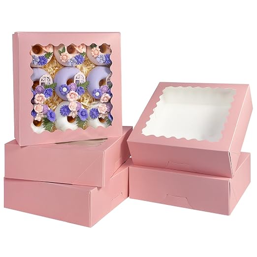 Bakepacker 36pcs Pink Pie Boxes 9x9x2.5 inches Easy Assemble Macaroon Cookie Boxes Bakery Boxes with Window for Bakery (Auto-pop Up)