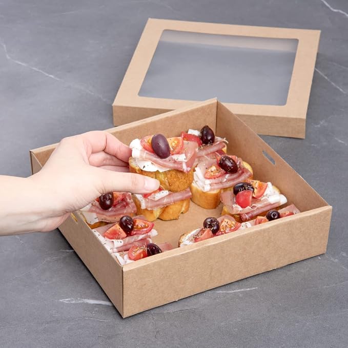 Restaurantware Cater Tek 9 x 9 x 2.4 Inch Catering Boxes 100 Insert Tab Lock Baked Goods Boxes - Window Lids Easy Assembly Kraft Paper Window Pastry Boxes For Charcuterie Or Cupcakes