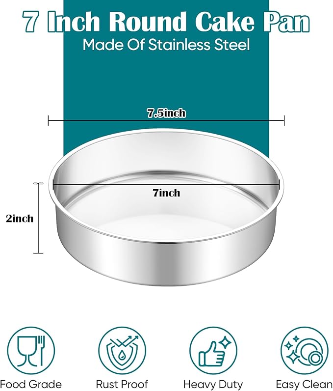 TeamFar 7 Inch Cake Pan, Stainless Steel Round Layer Cake Baking Pans Tins for Birthday Wedding, Non-Toxic & Heavy-Duty, Mirror Finish & Leak Proof, Oven & Dishwasher Safe, Set of 2