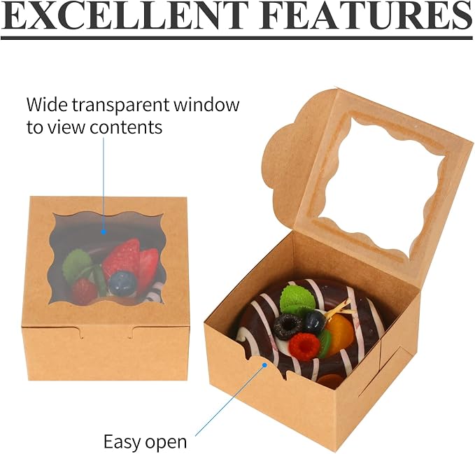 KPOSIYA 20 Pcs Brown Bakery Boxes with Window - Individual Cupcake & Cookie Boxes (4x4x2.5 Inches) - Kraft Paper Brown Gift Box for Pastries, Cookies, Pie, Donuts, Macaroon