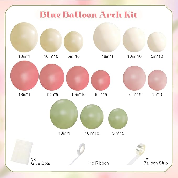 Sage Green Pink Yellow Pastel Balloon Arch Kit, 124Pcs Dusty Blush Macaron Yellow Sand White Pink and Green Balloons for Wildflower Baby Shower Wedding Bridal Birthday Gender Reveal Party Decorations