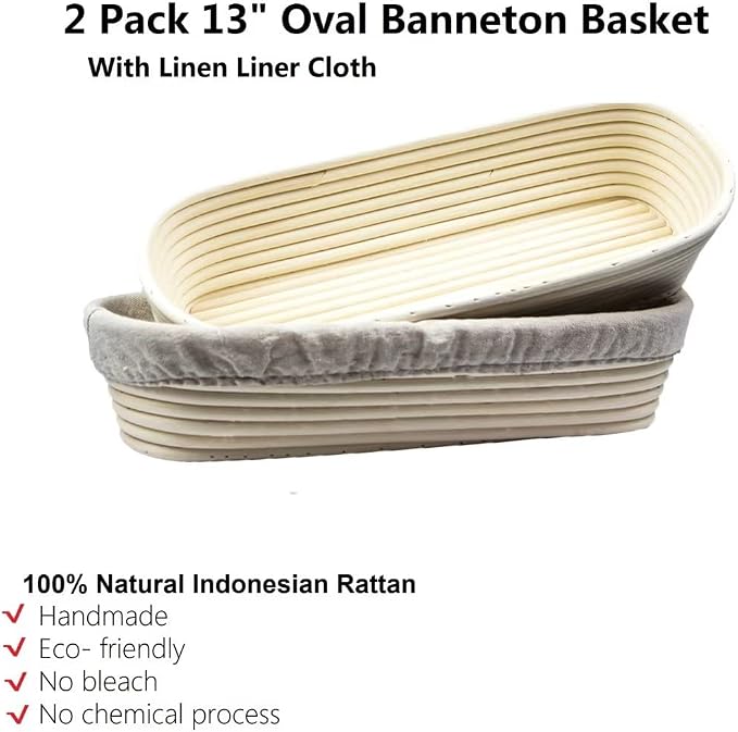 13 Inch Oval Banneton Bread Proofing Baskets, Sourdough Proofing Basket | Handmade Rattan Baskets and Liners ,Bread Baking Bowl, for Professional & Home Bakers Baking, 2 Pack