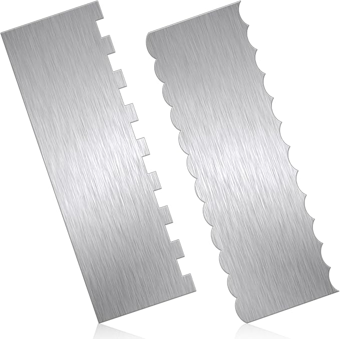 JJUNW 2 Pcs Stainless Steel Cake Scraper, Cake Scrapers Smoother Alisador De Pasteles, Double Sided Patterned Edge Stripe Smoother Scrapers For Butter Mousse Cream Decoration