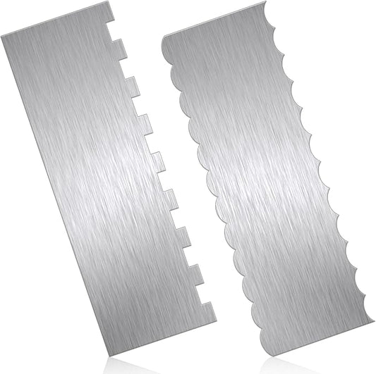 JJUNW 2 Pcs Stainless Steel Cake Scraper, Cake Scrapers Smoother Alisador De Pasteles, Double Sided Patterned Edge Stripe Smoother Scrapers For Butter Mousse Cream Decoration