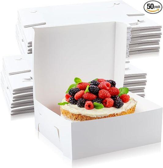 Ireer 50 Pack 14 x 10 x 3.5 Inch White Cake Boxes Cardboard Bakery Boxes for Pie Pastry Cookie