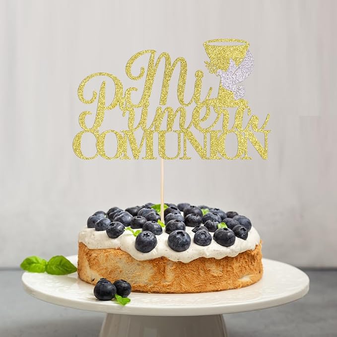 Gold Glitter Mi Primera Comunion Cake Topper, Spanish Baby First Baptism Cake Decor, First Communion/God Bless/Baby Shower Party Decorations Supplies