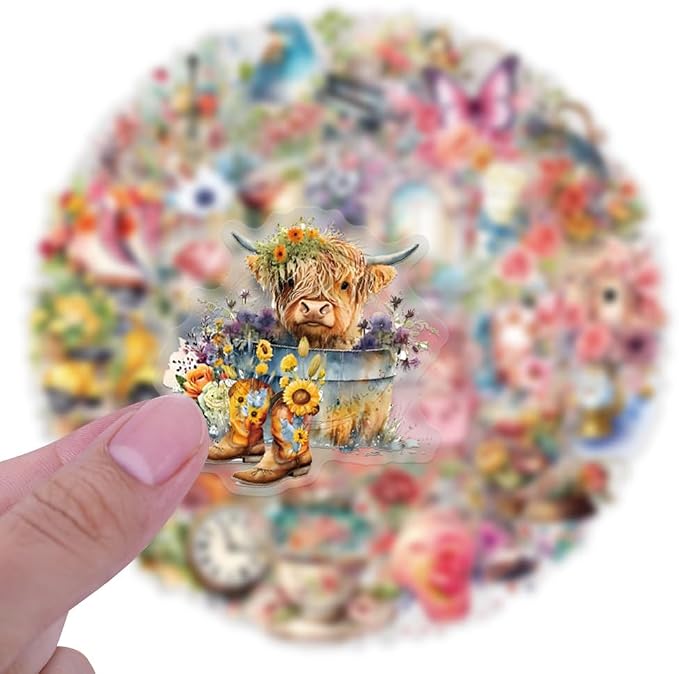 50Pcs Vintage Vogue Watercolor Floral Animal Stickers,PET Transparent Waterproof Girlish Style Sticker Decorative, for Journaling, Decoupage,Planners,laptops,Phone Case,DIY Gift Card Making(Floral)