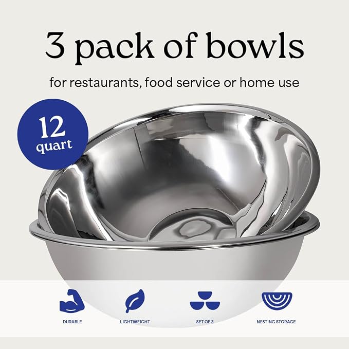 WHYSKO® Large Mixing Bowls, Set of 3 Stainless Steel 12 Quart Bowls for Restaurants, Food Service, Caterers and Home Kitchen Use, Rust Proof Bowls Great for Meal Prep, Baking, Serving, Food Storage